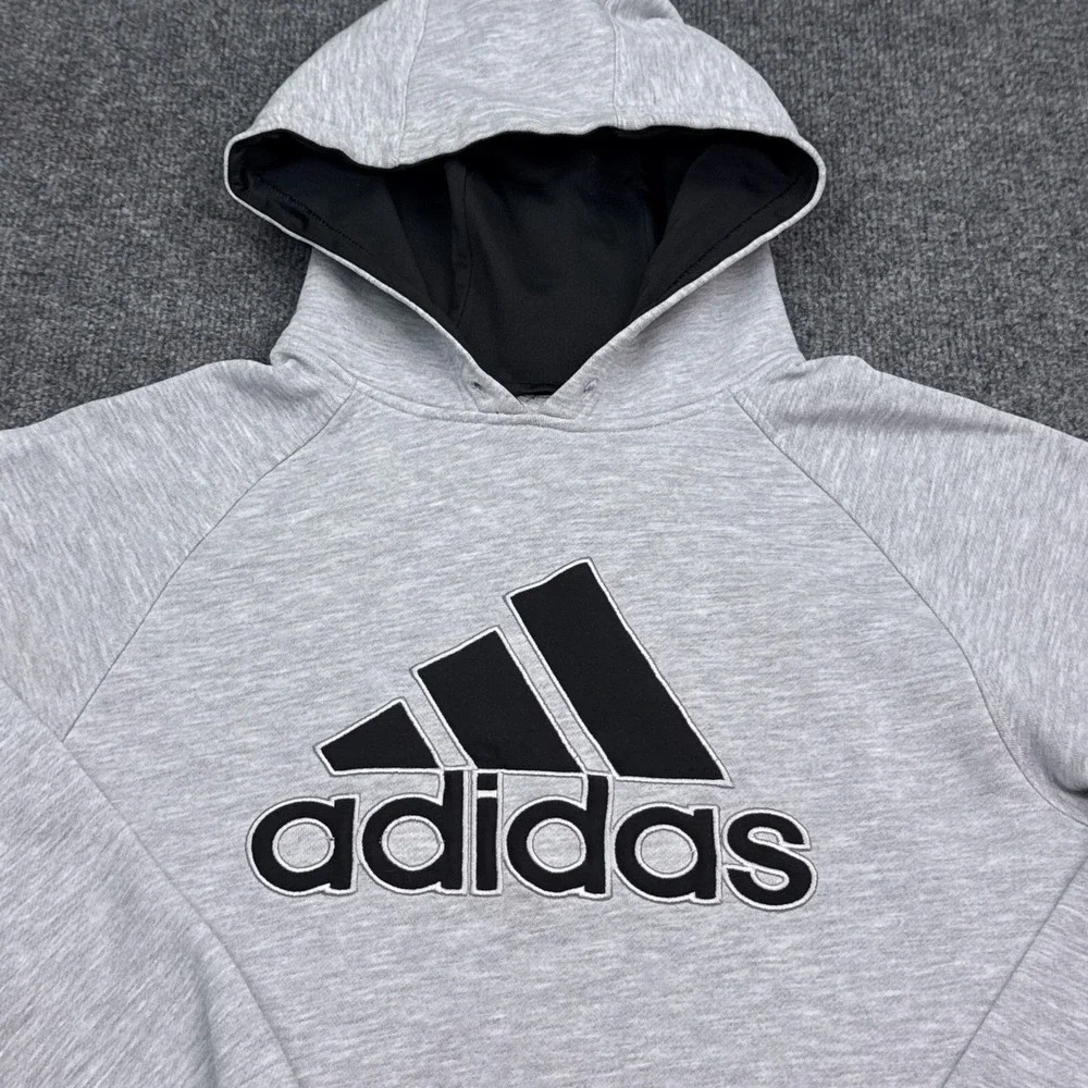Adidas Fleece Hoodie‎ Adult Size Large Gray Pullover Sweatshirt Big Logo Active